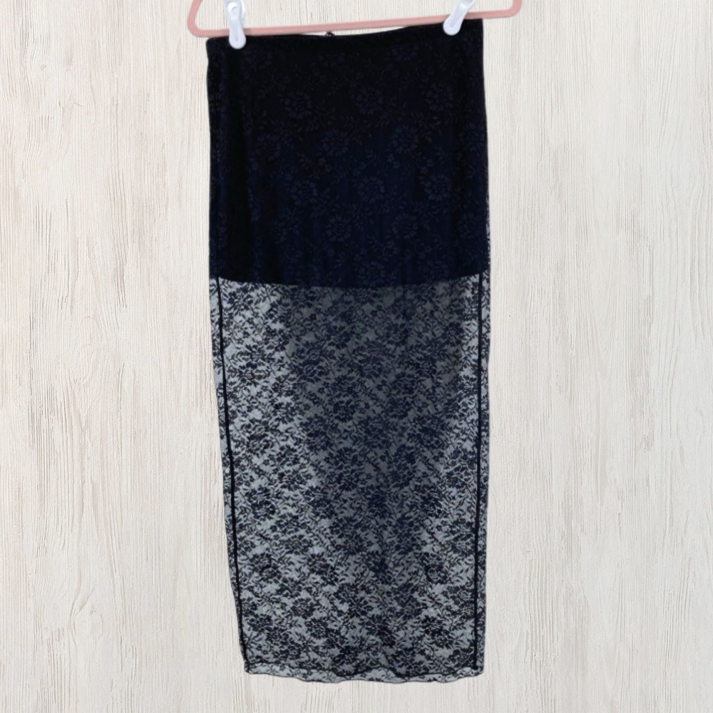 H&M Divided Black Floral Lace Sheer Maxi Skirt Small Lined Column Skirt Goth